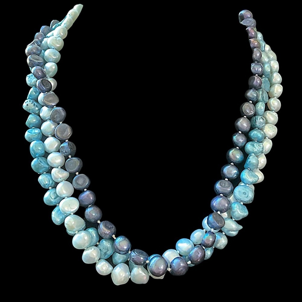 Vintage Freshwater Dyed Blue Pearl Triple Strand Necklace 16”